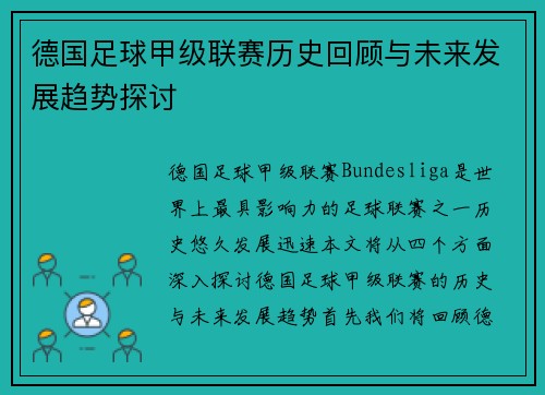 德国足球甲级联赛历史回顾与未来发展趋势探讨