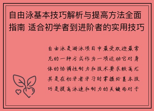 自由泳基本技巧解析与提高方法全面指南 适合初学者到进阶者的实用技巧