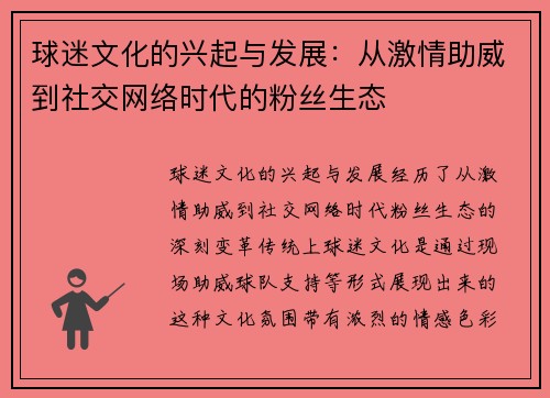 球迷文化的兴起与发展：从激情助威到社交网络时代的粉丝生态
